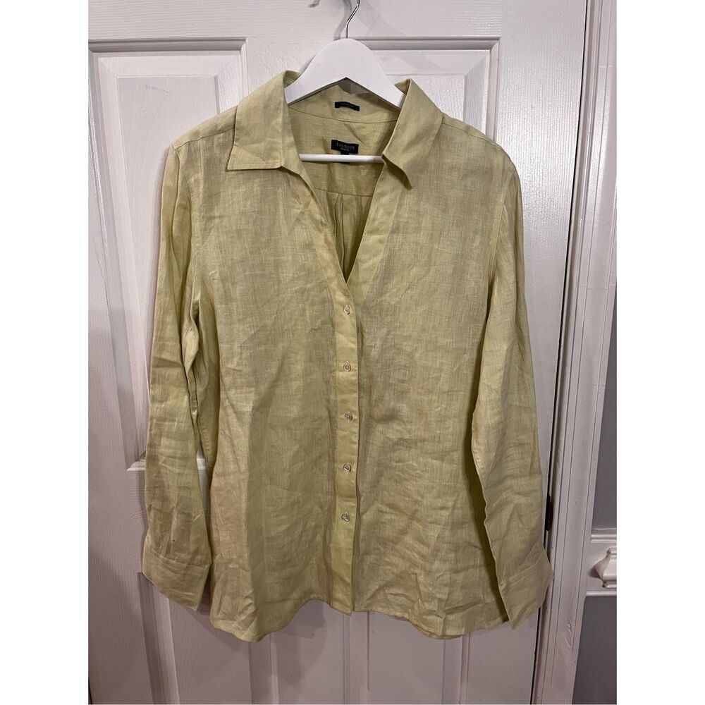 Talbots Lime Green Pure Irish Linen V-Neck Button Down Shirt sz 16 EUC